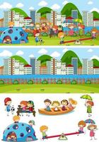 Conjunto de fondo de diferentes escenas horizontales con personaje de dibujos animados de niños doodle vector