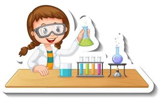 Sticker template with cartoon character of a student doing chemical experiment vector