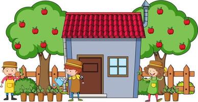 Front view of mini house with many kids on white background vector