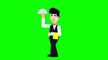 A young waiter delivering delicious dishes on a plate. Catering service. Flat design cartoon animation video clip.