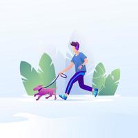 niño, jogging, con, perro, en, naturaleza, ilustración, concepto vector