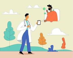 Doctor talking to patient on mobile vector illustration concept
