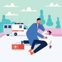 Emergency doctor checking patient to pick hospital illustration emergency ambulance service vector concept