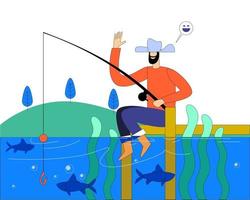 Man fishing in natural river side illustration concept vector