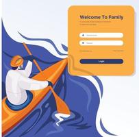 Login page design concept illustration, man on kayak board raiding vector