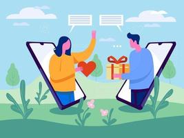 Online chatting illustration, online dating concept, sharing gift online vector