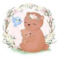 Cute mom and baby bear in watercolor illustration vector