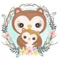 Cute mom and baby owl in watercolor illustration