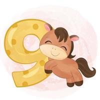 Cute donkey with number in watercolor illustration vector