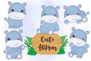 Cute little hippos collection in watercolor vector