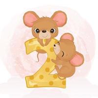 Cute mice with number in watercolor illustration vector