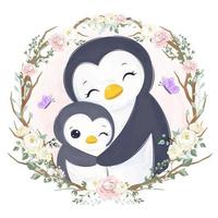Cute mom and baby penguin in watercolor illustration