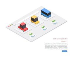 Car second hand marketplace. Car second hand market concept in isometric vector illustration. Vector illustration.