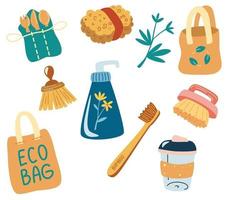 Set of reusable items and packaging. Objects on the topic of ecology, zero waste durable and reusable items or products. Eco bags, wooden cutlery, brushes, reusable cups, hygiene items. Vector