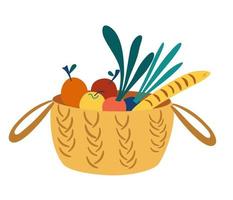 Wicker basket with groceries. Picnic basket with healthy organic food. Caring for the environment concept. Eco-food shopping. Harvesting the crop. Vector cartoon illustration for banner, magazine.