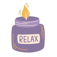 Aroma candle. Lavender candle in a glass with the inscription relax. Cute hygge home decoration, holiday decorative design element. Flat cartoon colorful vector illustration.