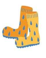 Orange rubber boots. Autumn boots with water droplets. Garden and Perfect shoes for rainy weather. Cartoon cute rubber boots pair icon. Flat vector illustration.