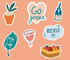 Set of stickers with zero waste concepts. Slogans with cartoon illustrations. Eco friendly tools, zero waste concept, environmental protection, save wild nature and other. Flat colorful vector