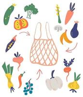 Mesh or net bag with vegetables and fruits. Constructor. Assemble it yourself. Fresh fruits, vegetables buying. Farmers market. Shopping for organic products. Eco concept. Flat vector illustration.