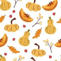 Seamless pattern with pumpkins and autumn leaves, berries. Accessories textile, wrapping paper, wallpaper. Perfect for fall, Thanksgiving, holidays, fabric, textile. Seasonal autumn background. Vector