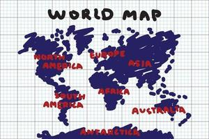 Freehand drawing style of world map and continent on grid paper . vector