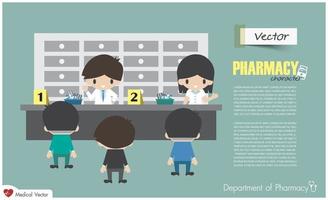 Department of Pharmacy . Pharmacists are dispensing to patient in hospital . Flat design . Vector .