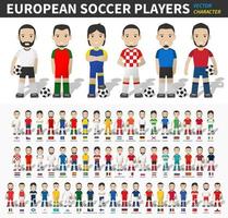 European soccer cup tournament 2020 and 2021 . Set of football player with jersey and national flag .  Cartoon character flat design . White isolated background . Vector .