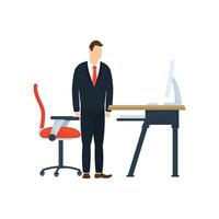 Businessman avatar with computer and desk vector design