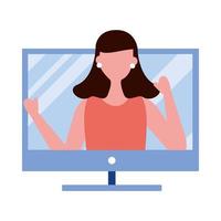 young woman in desktop connecting technology character vector