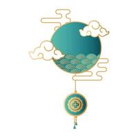 mid autumn festival with clouds and sea waves in circular frame vector