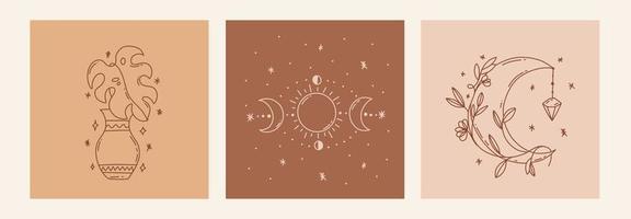 Magic line art poster with moon, leaf, vases, moon phases vector