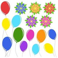 Set of flat colored isolated balloons on ropes and abstract flowers. vector