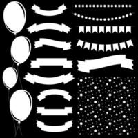 Set of flat white isolated silhouettes of balloons on ropes and garlands of flags. A set of ribbons of banners of different shapes. Background in the form of confetti. vector