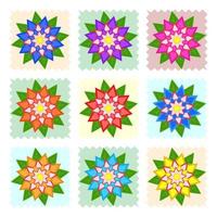 A set of beautiful colorful flowers on blue, yellow, green, orange squares. Isolated on white background. Nine options. Suitable for design. vector