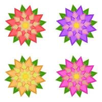 Set of red, purple, yellow, pink flowers with green leaves, isolated on white background. Four options. Suitable for design. vector