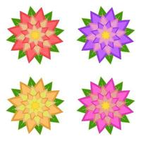 Set of red, purple, yellow, pink flowers with green leaves, isolated on white background. Four options. Suitable for design. vector