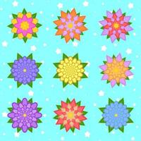 un conjunto de hermosas flores de colores sobre un fondo azul estrellado. nueve opciones. adecuado para el diseño. vector