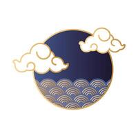 mid autumn festival with clouds and sea waves in circular frame vector