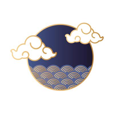 mid autumn festival with clouds and sea waves in circular frame