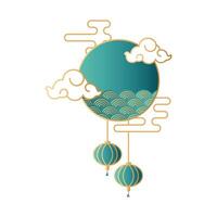 mid autumn festival with clouds and sea waves in circular frame vector