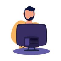 young man using desktop connecting technology character vector