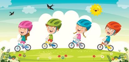 niños felices montando bicicleta vector