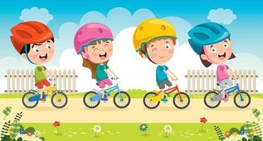 niños felices montando bicicleta vector