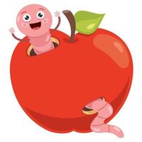 Red Apple And Cute Worm Cartoon vector