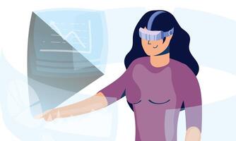 woman using reality virtual tech in interactive display vector