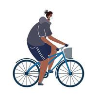 young afro man wearing medical mask in bicycle character vector