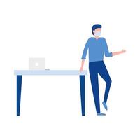 Man with medical mask and table with laptop vector design