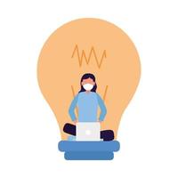 Woman with mask laptop and light bulb vector design