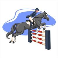 mujer de equitación montando a caballo sobre un obstáculo en estilo de dibujos animados vector