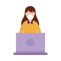 Woman with medical mask and laptop vector design